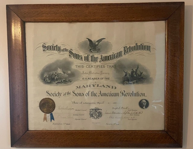 ANTIQUE Sons of the American Revolution Certificate 1899 John Malcom Dorsey ANTIQUE Sons of the American Revolution Certificate 1899 John Malcom Dorsey