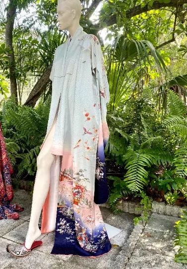 Vintage Textured Silk Furisode Kimono, Uchikake Japanese Wedding or Ceremonial