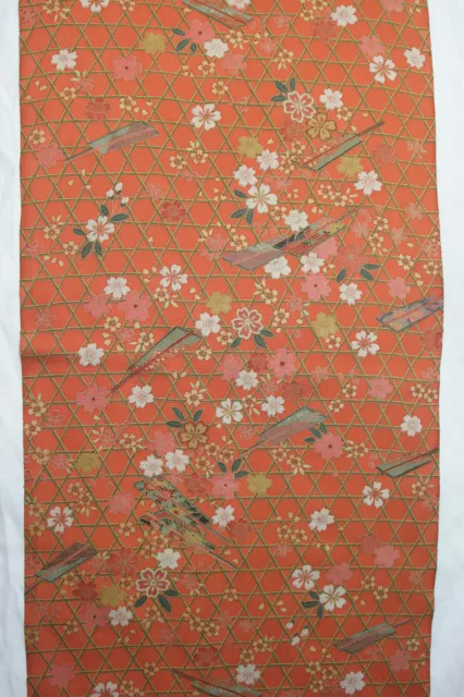 Vintage Japanese kimono silk chirimen fabric orange fan cherry blossoms 6