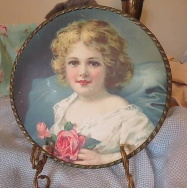 Antique Round Victorian Flue Cover Little Girl Holding Rose No Glass Germany