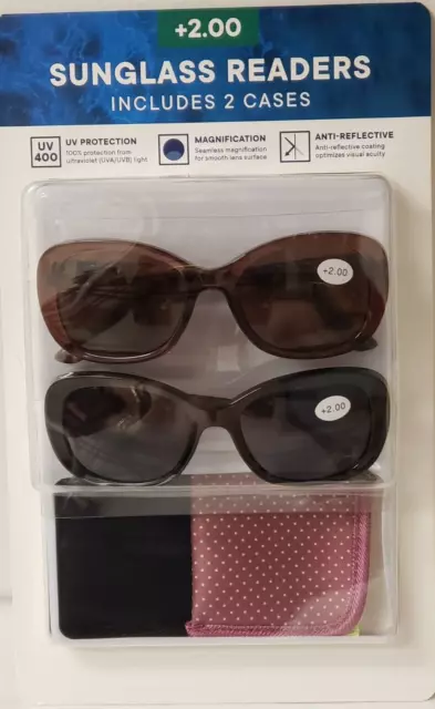 Gafas de sol bifocales 2 piezas 400 UV Protect piscina playa lectores 2,00 caja nueva C1