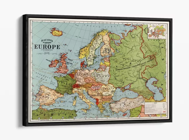 Bacon's Standard Map Of Europe -Float Effect Framed Canvas Wall Art Print