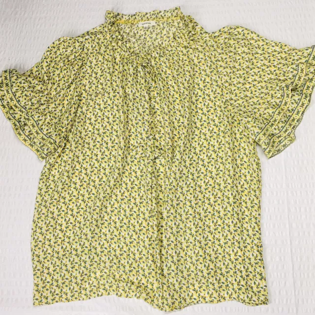 Max Studio Womens Size 1X Floral Ruffle Flutter Sleeve Tie Neck Blouse Yellow