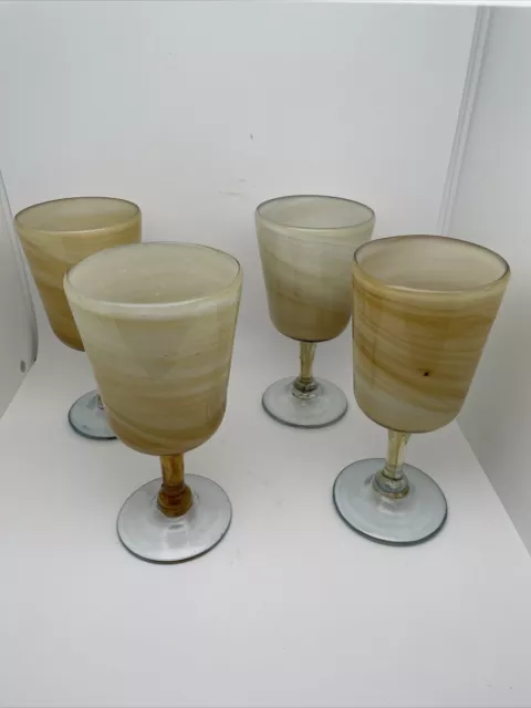 Vintage Hand Blown Glass Goblets Wine Heavy Amber Yellow Murano Style Set Of 4