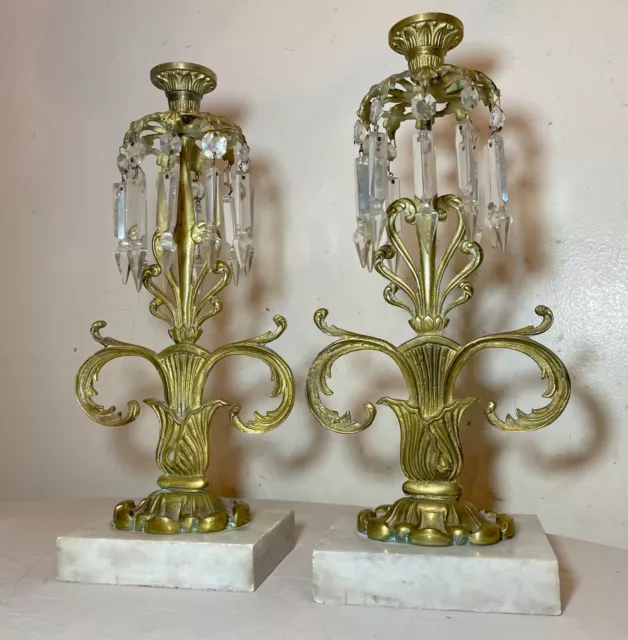 pair of antique ornate brass marble drop crystal girandole candle holders lamp