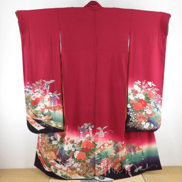 Furisode Kimono Silk Flower cart Layered Red 63.4inch Women's