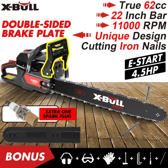 X-BULL 62cc Petrol Chainsaw 22" Bar Commercial E-Start Tree Pruning Top Handle