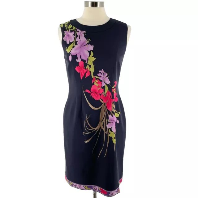 Elie Tahari Black Tropical Floral Print Silk Cocktail Sheath Dress Sleeveless 8