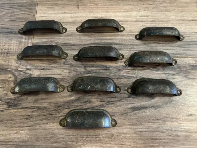 10 Antique Brass Apothecary Cup Drawer Bin Pull Handles 3.5" Old Store Counter
