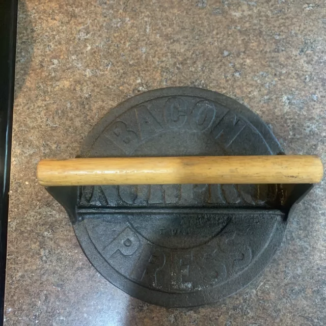 Rare Vintage Cast Iron Grill Press Heavy Duty Bacon Press Wood Handle~NORPRO