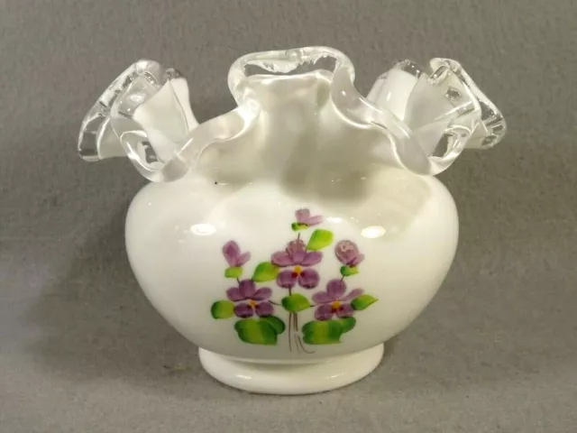 Fenton Silver Crest Rose Bowl Vase Violets in the Snow Signed Kim Blake 1980s