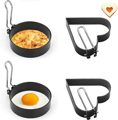 Stampo per Uova Fritte Antiaderenti con Manici Pieghevoli e Spazzole per Cucinare Uova Fritte/Pancake/Frittate e Altro Anelli di Cottura Delle Uova 4 Pezzi Anelli per Uova in Acciaio Inox 