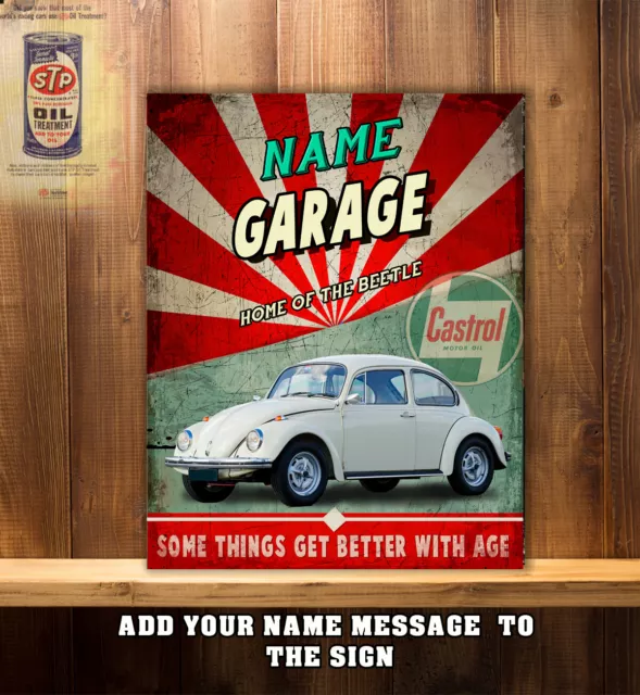 Personalised Beetle Car Garage Workshop Shed Vintage Wall Sign Metal Gift CS04