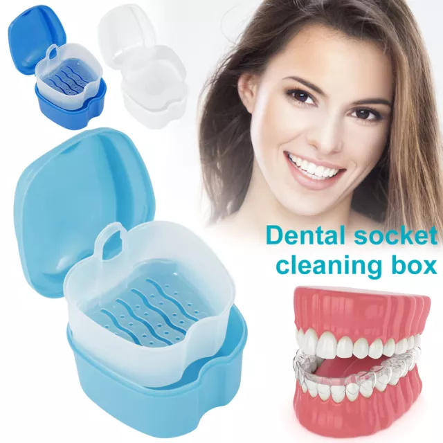 Denture Case Denture Bath Box False Teeth Storage Box with Rinsing Basket  ⌫