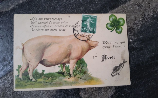 Carte postale ancienne  cochon pig porc 1 er avril