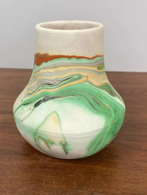 Nemadji Pottery USA Clay Vase VTG 4.7" Green Orange Swirl Southwestern Native