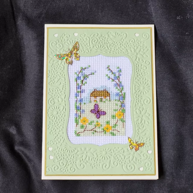 Completed Cross Stitch Card - Birthday Etc - Cottage, Flowers And Butterfly