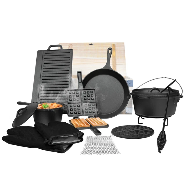 11-tlg. BBQ Dutch Oven Set in Holzkiste -Eingebrannter Feuertopf aus Gusseisen