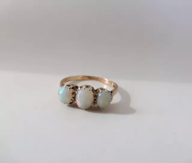 Natural Opal Three Stone Ring Vintage Style 10k Yellow Gold Ring H565