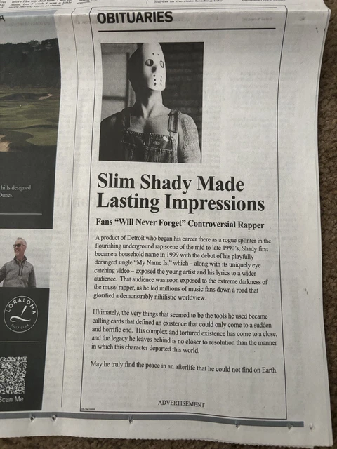 EMINEM DEATH OF Slim Shady Detroit Free Press Obituary Promo May 13 EMINEM DEATH OF Slim Shady Detroit Free Press Obituary Promo May 13