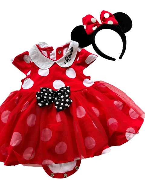 DISNEY BABY GIRL 6-9 Months MINNIE MOUSE DRESS COSTUME/HEADBAND EARS embroidered