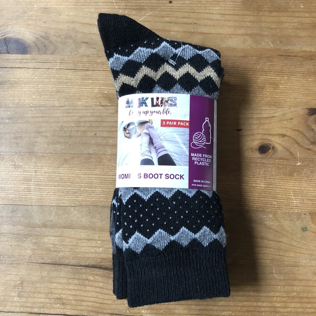 Mukluks 3 Pair Wool Blend Boot Socks Black Patterned