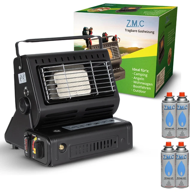 2in1 Tragbare Gasheizung Camping Butan Gas Kocher Keramik +4 Gaskartuschen 1,3KW