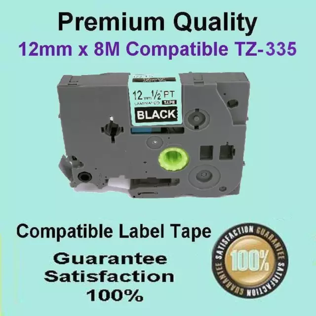 1x Laminated Label Tape for Brother TZ-335 TZe-335 White on Black 12mm x 8m