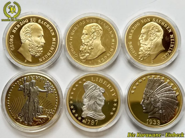 6 x Cu Medaille 3 x Deutschland Sachsen + 3 x USA Dollar Replikat Gold + Zertifi