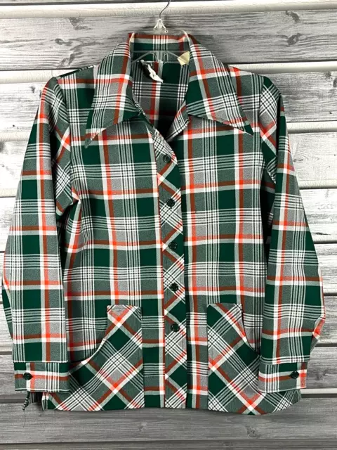 RARE VINTAGE 70S Kmart Button Up Jacket Womens 12 Green Plaid Polyester 