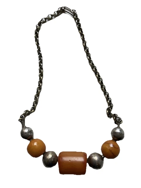 Collier Ancien Ambre Naturelle - 55 Grammes - Argent Massif - Bijou Antique