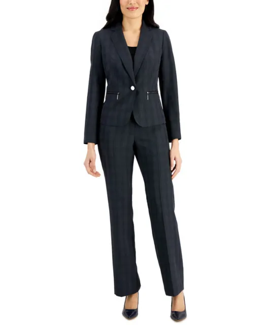 Le Suit Women's Printed Zip-Pocket Pantsuit (Charcoal/Black, 14)