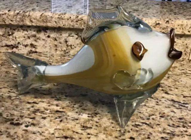 Large Vintage 15” Murano Hand Blown Gold and White Glass Fish Art