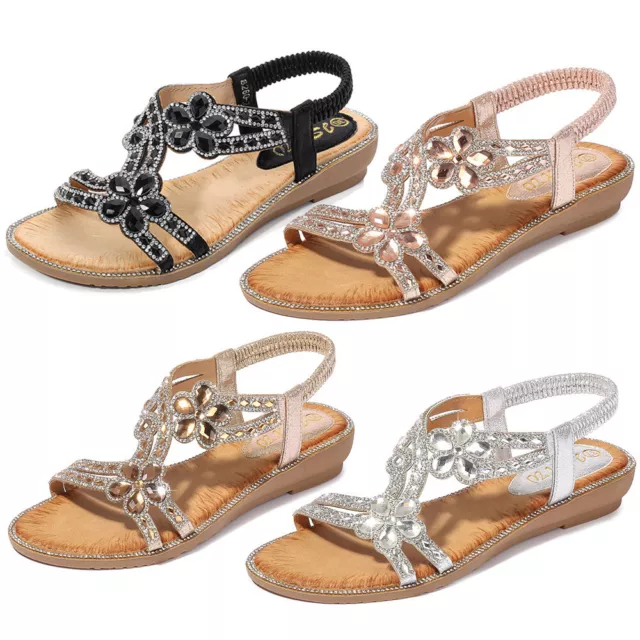 Womens Diamante Flower Sandals Summer Elastic Slingback Flat Open Toe Flip Shoes