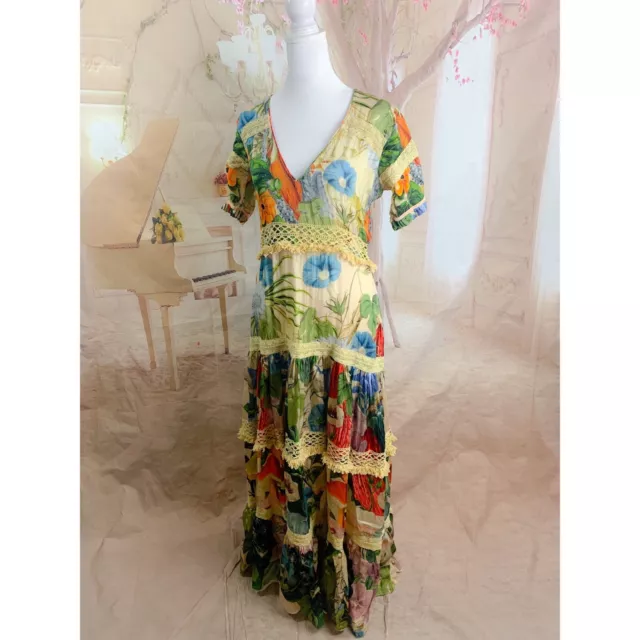 Carolina K floral Garden Satin Silk Maxi Dress Size Small