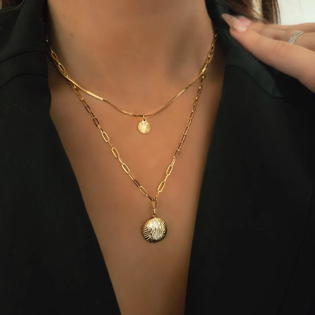 Collier Double Rang Vintage - Perles œil De Tigre - Métal Doré - Occasion - Sautoir Ancien