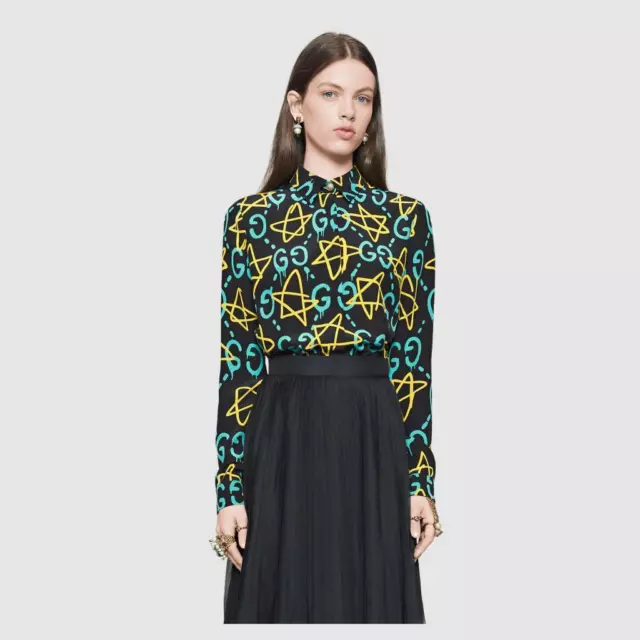 GUCCI Black/Yellow/Blue Ghost Star Graffiti Printed Blouse Size 40/US 4