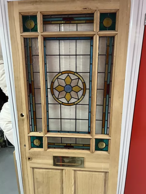 Antique Pine Door W/ New Stained Glass Panels 77” X 31 1/4”