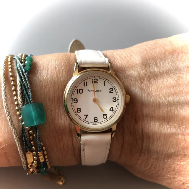 Montre Pierre Lannier Femme - Cadran Doré 049B5 - Bracelet Cuir Blanc (Pile à Changer)
