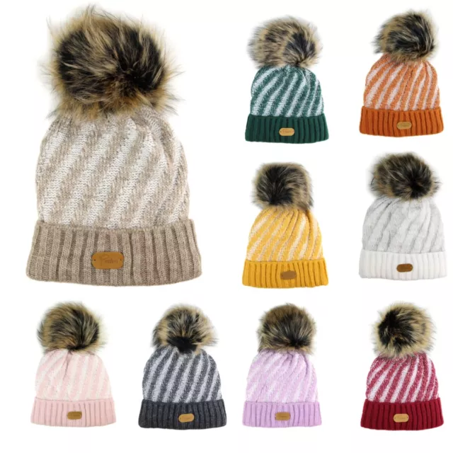 B-WARE Strickmütze Strick Beanie mit Bommel Warm gefüttert Kunstfell Wintermütze