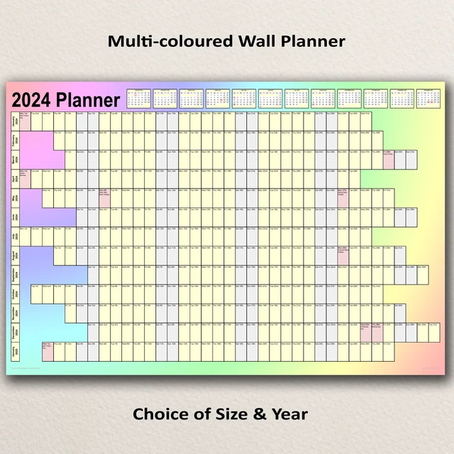 2024, 2025, 2026 Year Wall Planner Chart with stunning multicolour