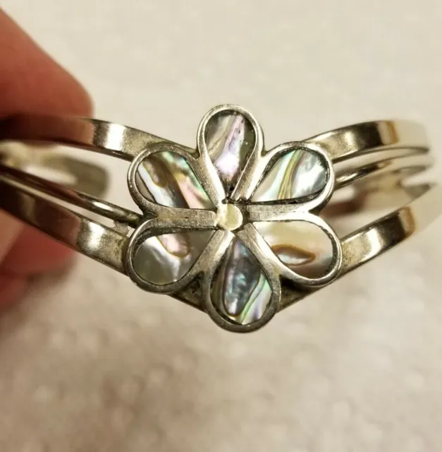 Flower abalone cuff bracelet, unmarked Alpaca