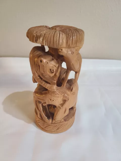 Vintage Wood Hand Carved Multi Animal 6”  Statue Lions Elephant Antelope