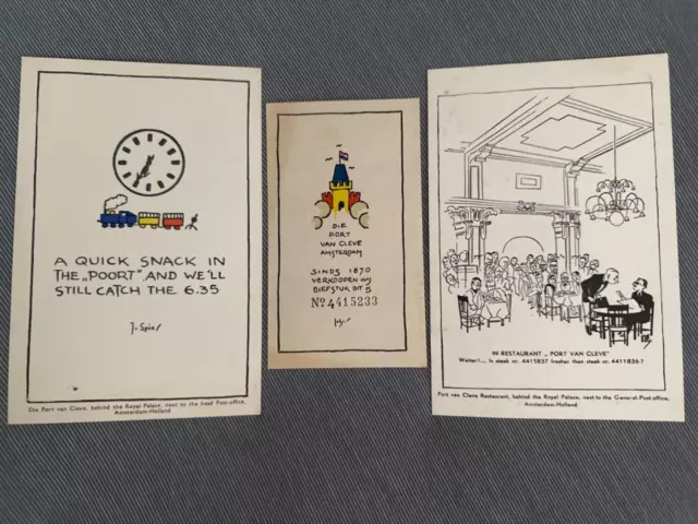 1950s 3-Piece Die Port Van Cleve Amsterdam Ephemera Lot, Steak Card, Postcards