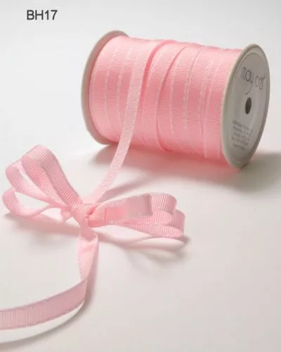 May Arts Ribbons~Grosgrain With Stitched Edge~Pink & White~3/8 Inch X 3 Yards!