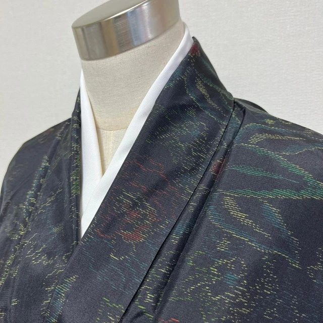 Japanese Kimono Oshima Tsumugi Silk Pongee Weave 161cm Leaf Pattern Indigo Blue