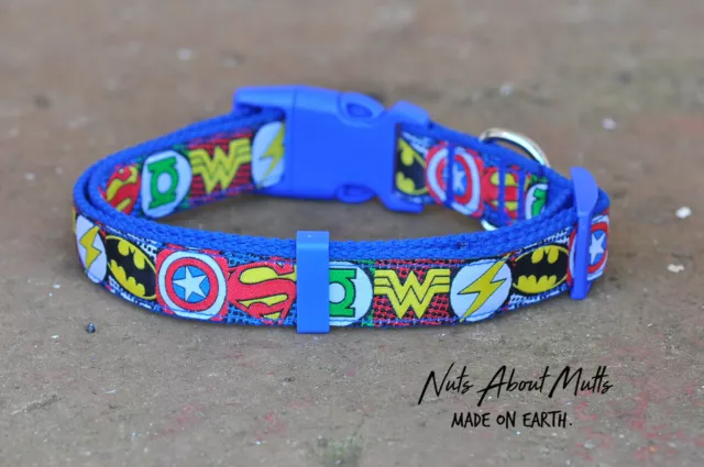 Super Hero Super Heroes dog collar blue buckle, blue webbing All sizes 2