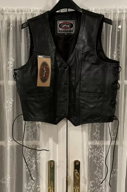 NWT Women's River Road Motorcycle Biker Black Leather Vest Lace-Up Sides 2XL XXL