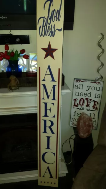 God Bless America Porch Sign Rustic Wood Vertical 48" Primitive Patriotic Sign