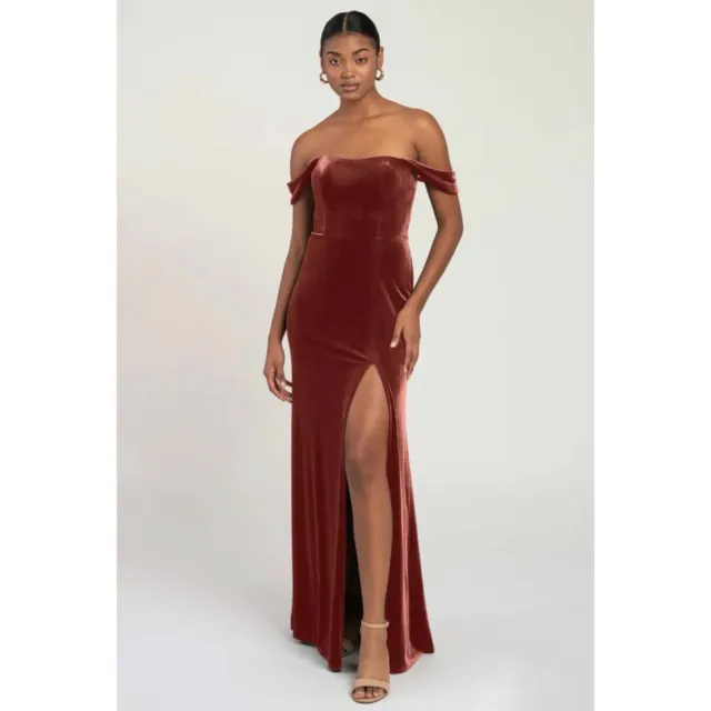 Jenny Yoo Issa Off The Shoulder Stretch Velvet Column Gown English Rose Maxi 10
